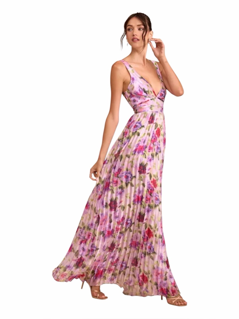 Lulus NWT “Morgana” Pink Multi Floral Satin Pleated Maxi Dress Size Medium